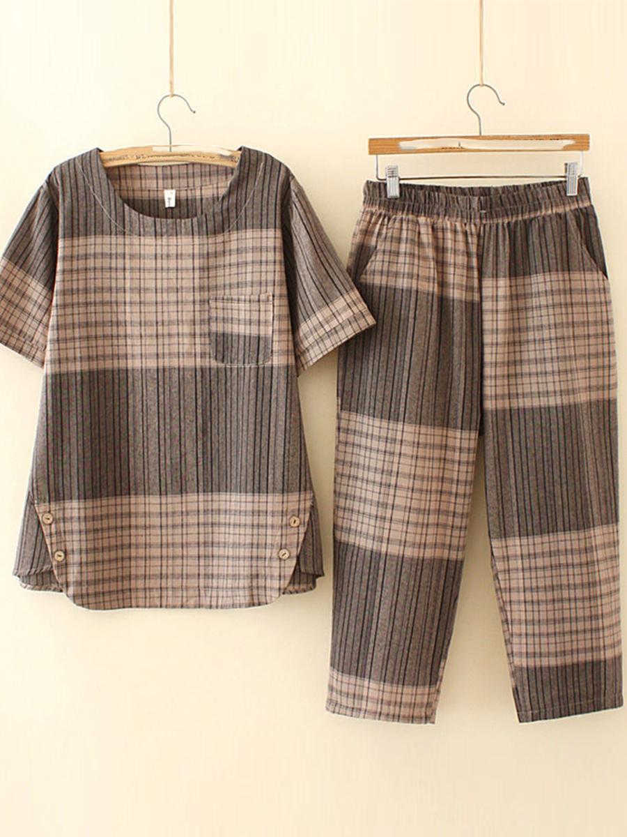 Checked Carrot Pants Two-piece Blouse