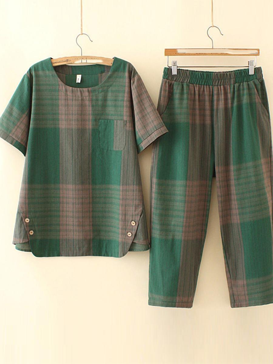 Checked Carrot Pants Two-piece Blouse