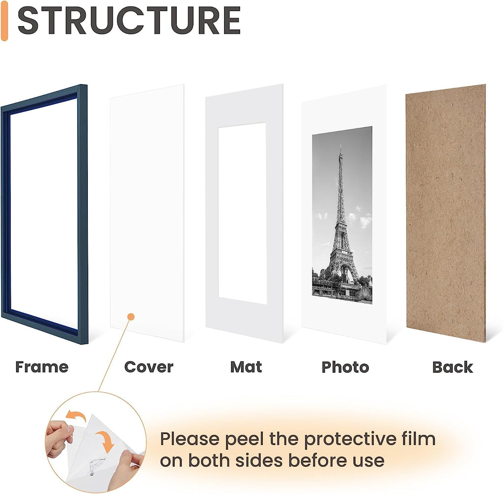 upsimples 8x10 Picture Frame Set of 5,Display Pictures 5x7 with Mat or 8x10 Without Mat,Wall Gallery Photo Frames, Navy Blue