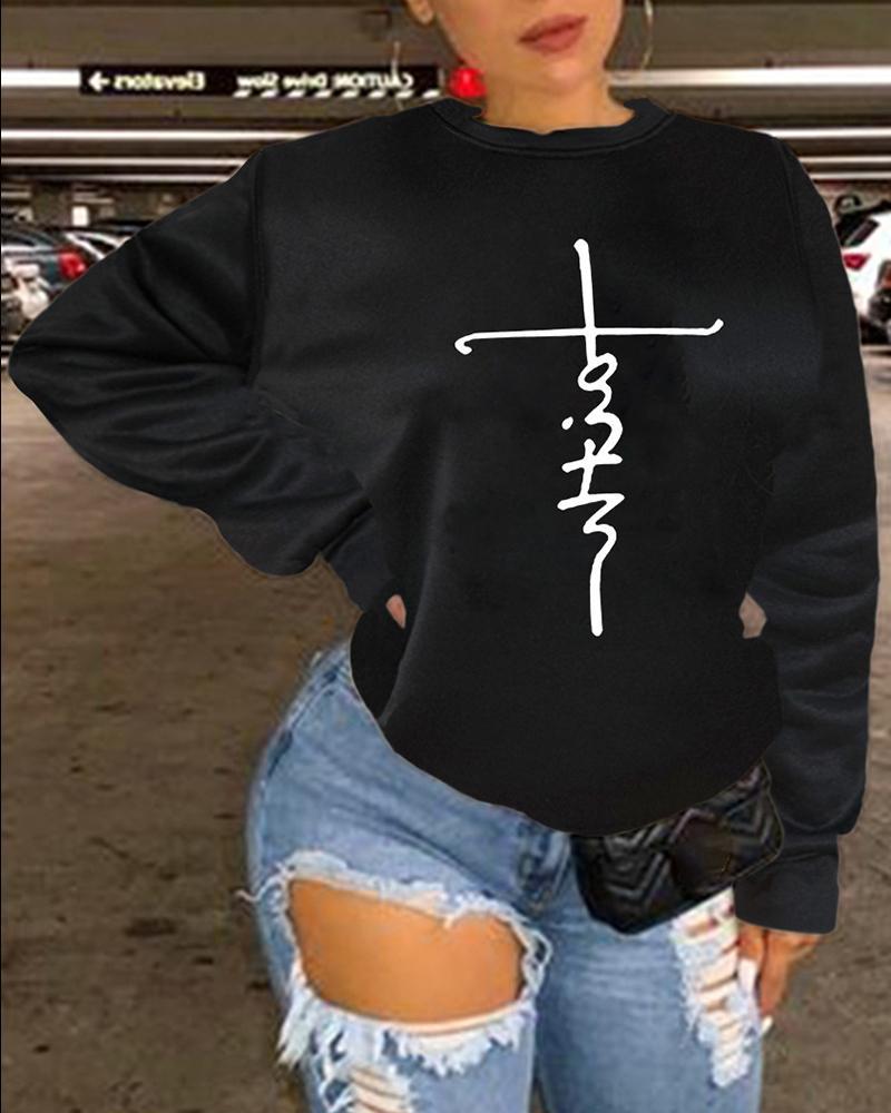 O Neck Letter Print Long Sleeve Sweatshirt