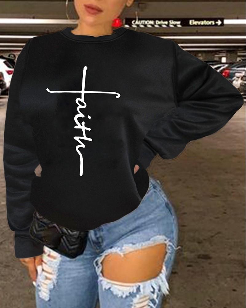 O Neck Letter Print Long Sleeve Sweatshirt