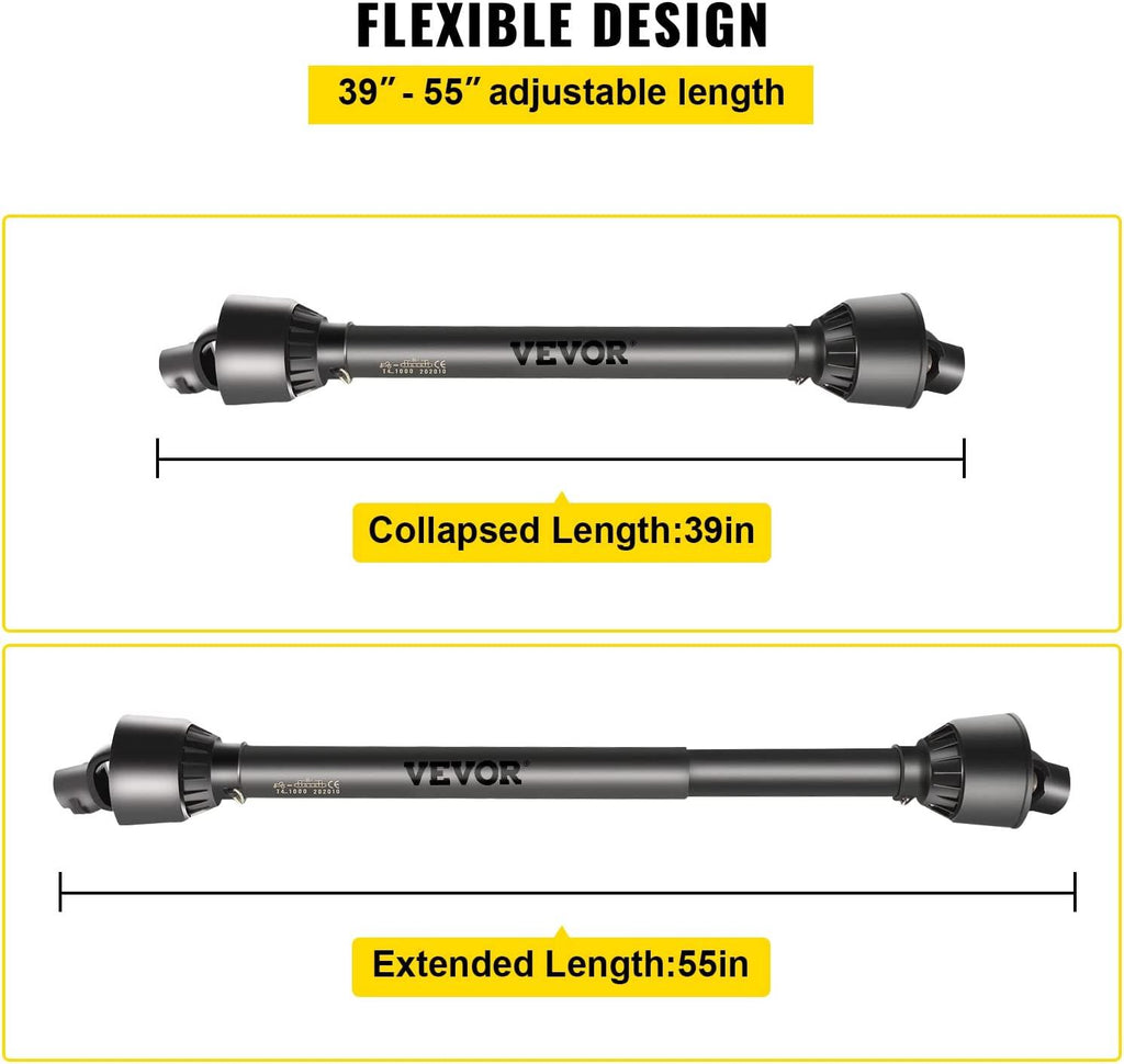 PTO Shaft 1 3/8" PTO Drive Shaft, 6 Spline End Round End PTO Driveline Shaft, Series 4 Tractor PTO Shaft, 39"-55" Brush Hog PTO Shaft, Black PTO Shaft for Bush Hog/Finish Mower/Rotary Cutter