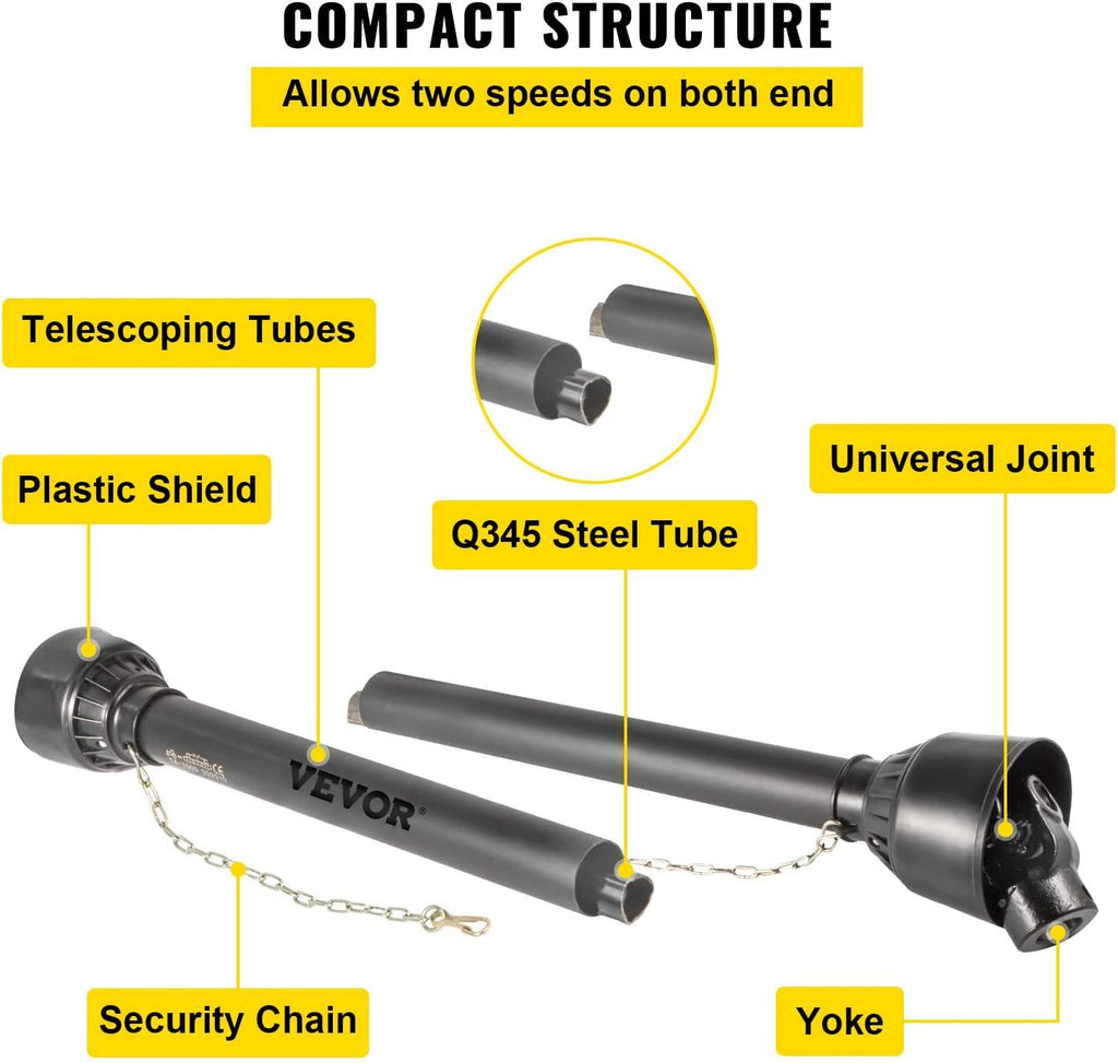 PTO Shaft, 1-3/8" PTO Drive Shaft, 6 Spline Tractor, Round Implement Ends PTO Driveline Shaft, Series 4 Tractor PTO Shaft, 43"-61" Brush Hog PTO Shaft Black, for Finish Mower, Rotary Cutter