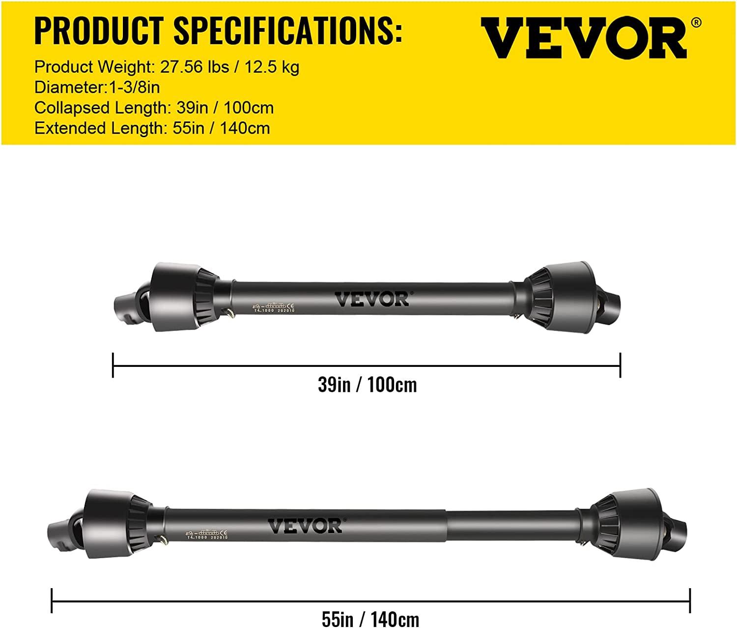 PTO Shaft 1 3/8" PTO Drive Shaft, 6 Spline End Round End PTO Driveline Shaft, Series 4 Tractor PTO Shaft, 39"-55" Brush Hog PTO Shaft, Black PTO Shaft for Bush Hog/Finish Mower/Rotary Cutter