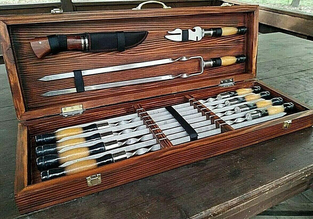Set  Steel Skewers in Wooden Box Grill BBQ Tool Set  Skewers