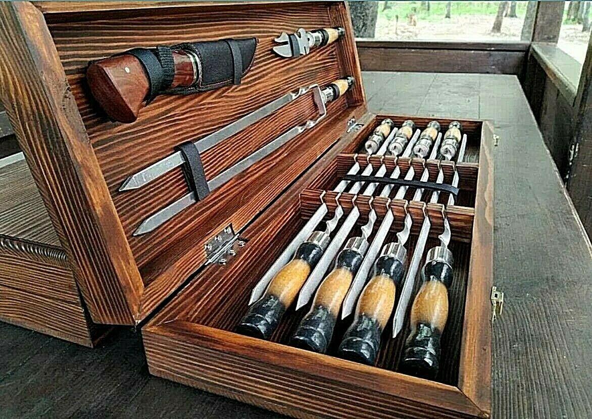 Set  Steel Skewers in Wooden Box Grill BBQ Tool Set  Skewers