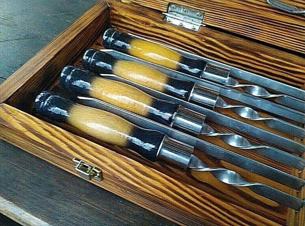 Set  Steel Skewers in Wooden Box Grill BBQ Tool Set  Skewers