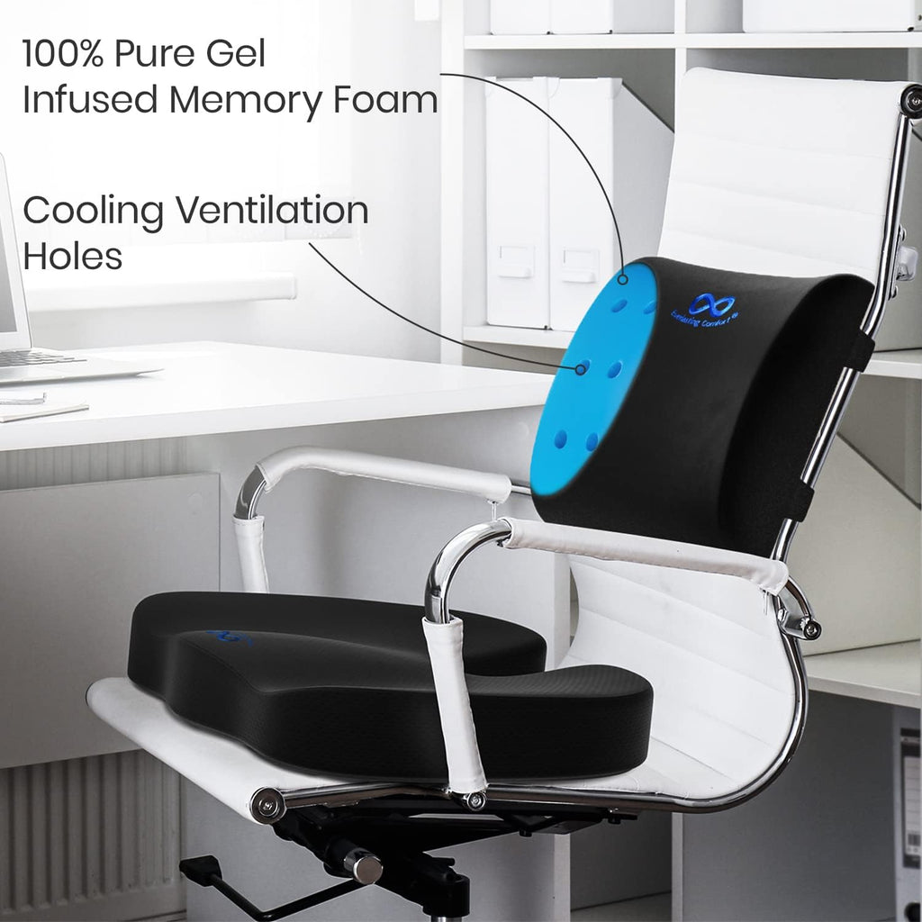 Everlasting Comfort Seat Cushion &amp; Lumbar Support Pillow Combo (Patented) - Chair Pads Reduce Tailbone Pressure &amp; Improve Back Comfort - Multi-Use Gel Infused Memory Foam Chair Cushions for Home, Car