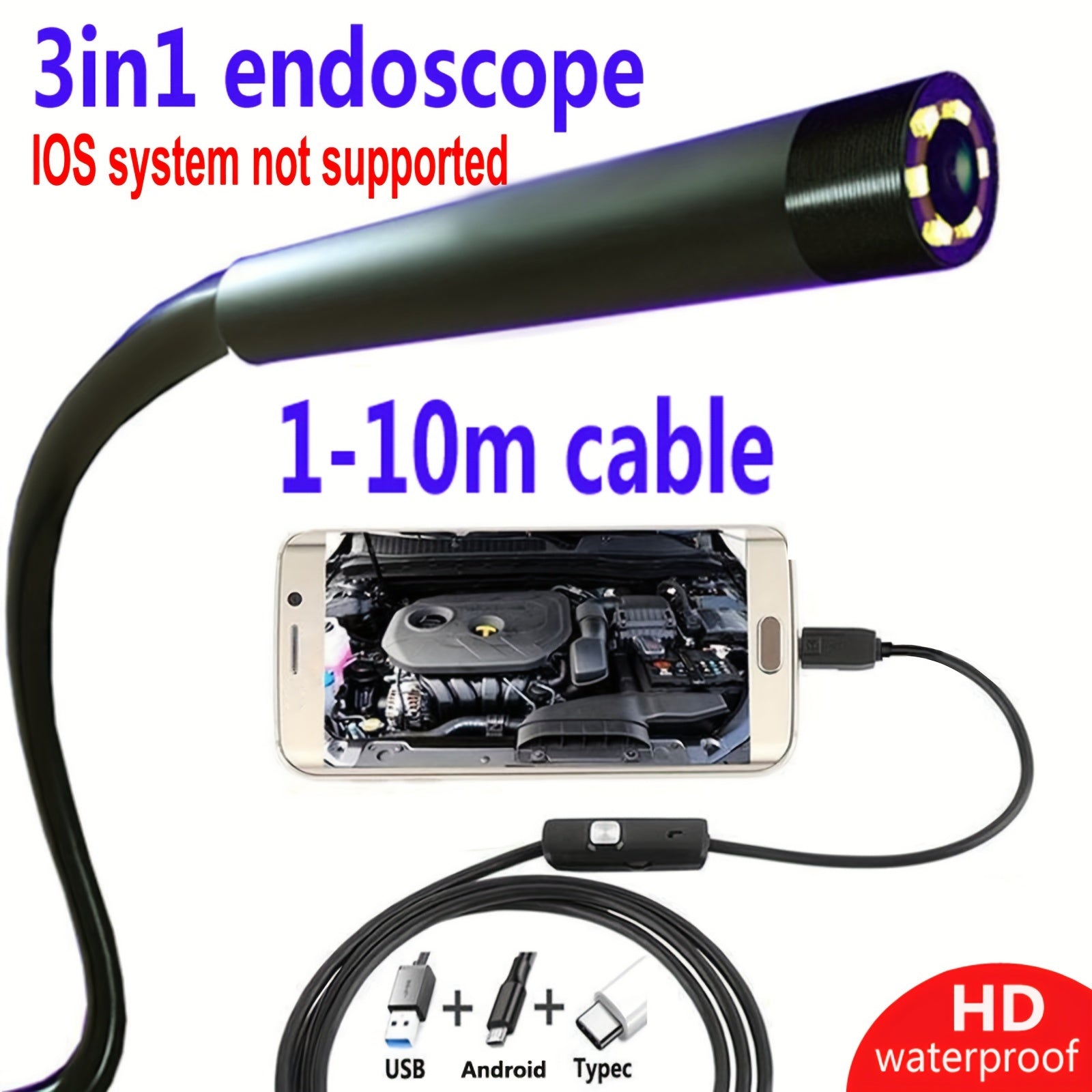5mmHD Lens Industrial Endoscope: IP67 Waterproof Tool For Car Repair, Air Conditioner &amp; Sewer Pipe Detection - Android Type-C Interface