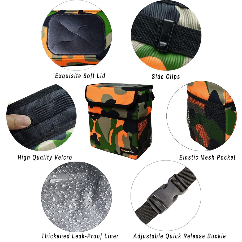 SIBOFUEGO Cute Car Trash Can with Lid - Leak Proof Car Trash Bag Hanging Waterproof Car Garbage Can with Storage Pockets Multipurpose Collapsible Car Organizer (Camo Orange)