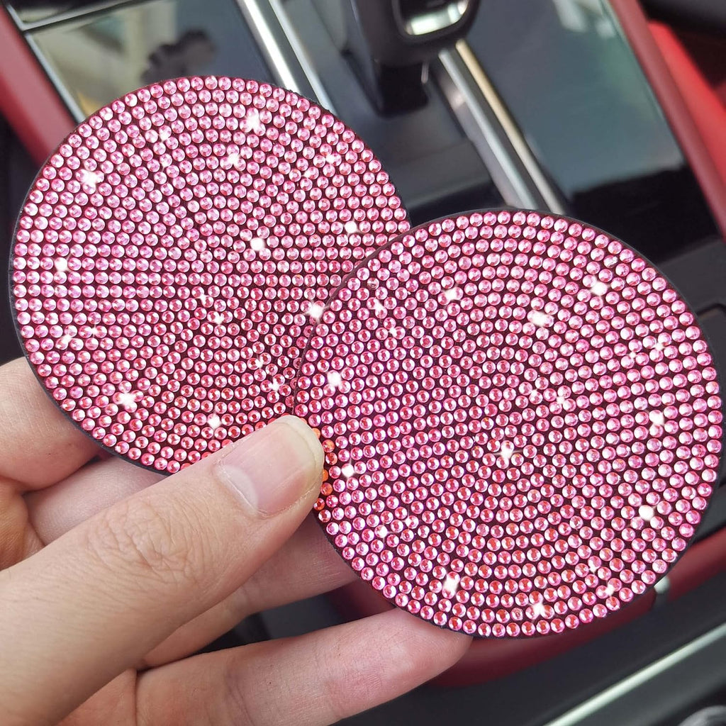 2pcs Bling Car Cup Holder Coaster, 2.75 inch Anti-Slip Shockproof Universal Fashion Vehicle Car Coasters Insert Bling Crystal Rhinestone Auto Automotive Interior Accessories for Women (2 pcs, Pink)
