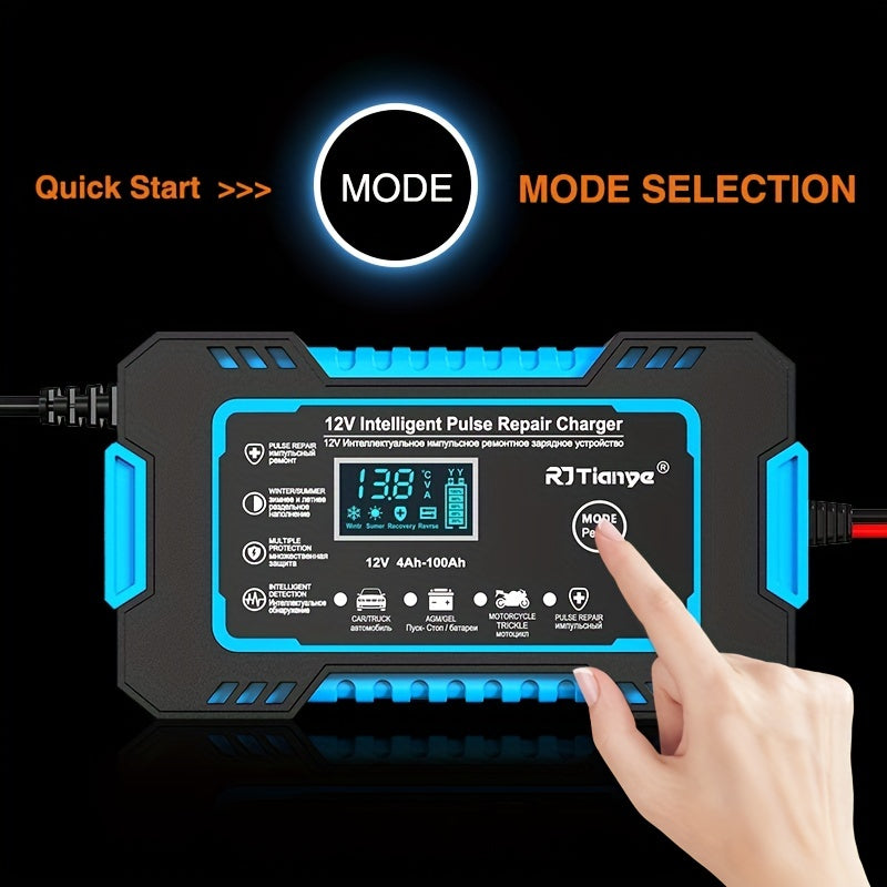 Full Car Motorcycle Battery Charger 12V 6A Auto Pulse Repair LCD Display Smart Fast CharAGM Deep Cycle GEL Lead-Acid Charger