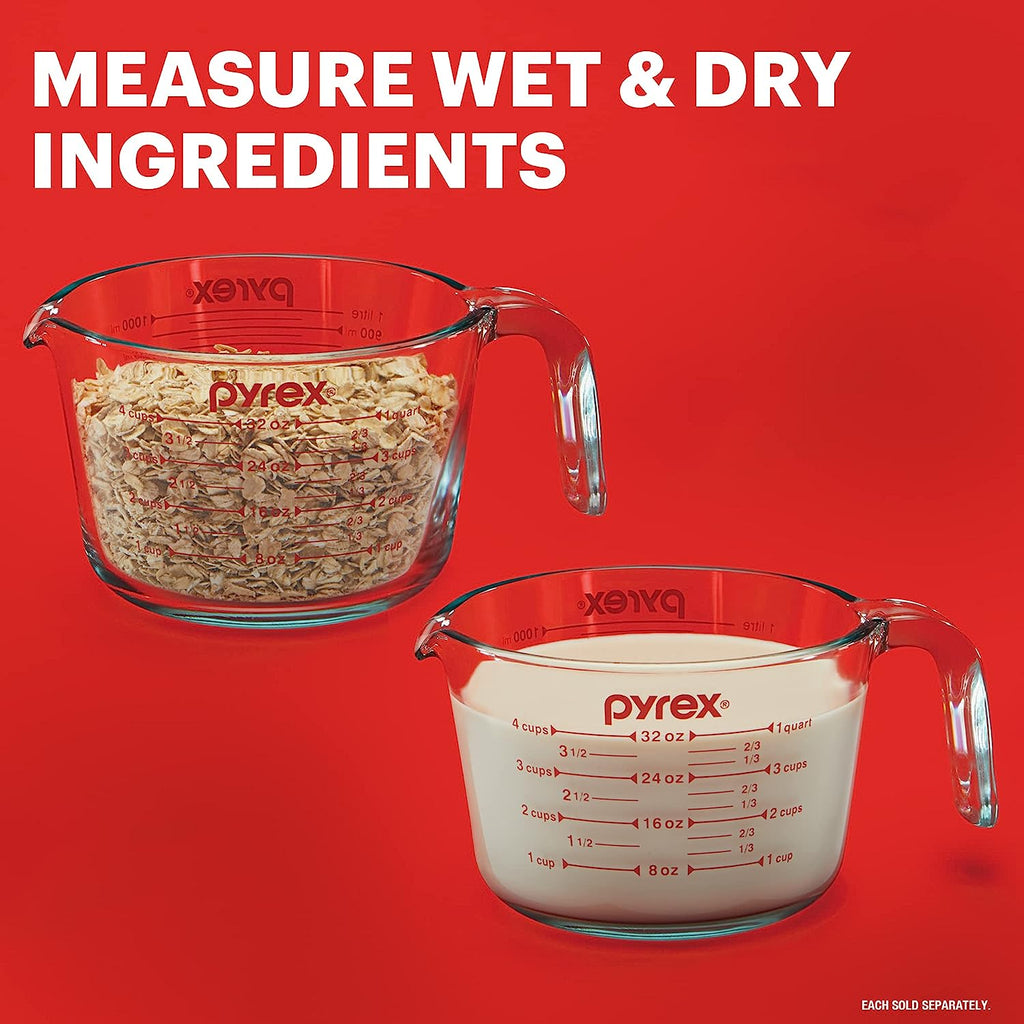 Pyrex 4-Cup Glass Measuring Cup For Baking and Cooking, Dishwasher, Freezer, Microwave, and Preheated Oven Safe, Essential Kitchen Tools