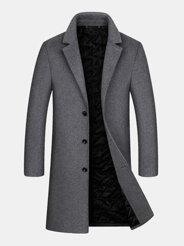 mens woolen pure color button up business casual mid-length overcoats