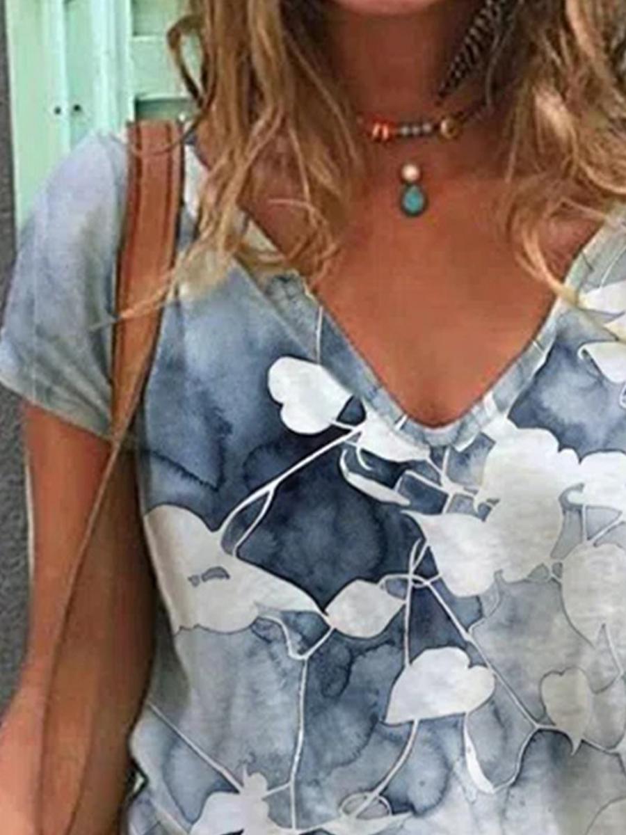 Floral Print Short Sleeve V-Neck T-Shirt