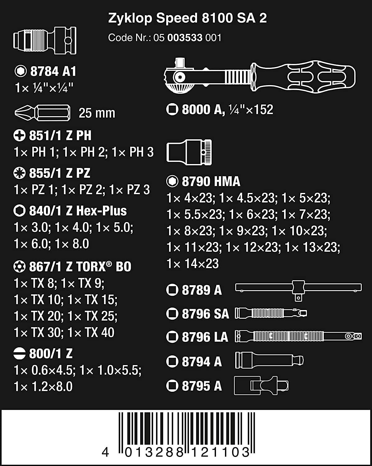 W8100 SA 2 Zyklop 1/4" Metric Ratchet Set, 42-Pieces