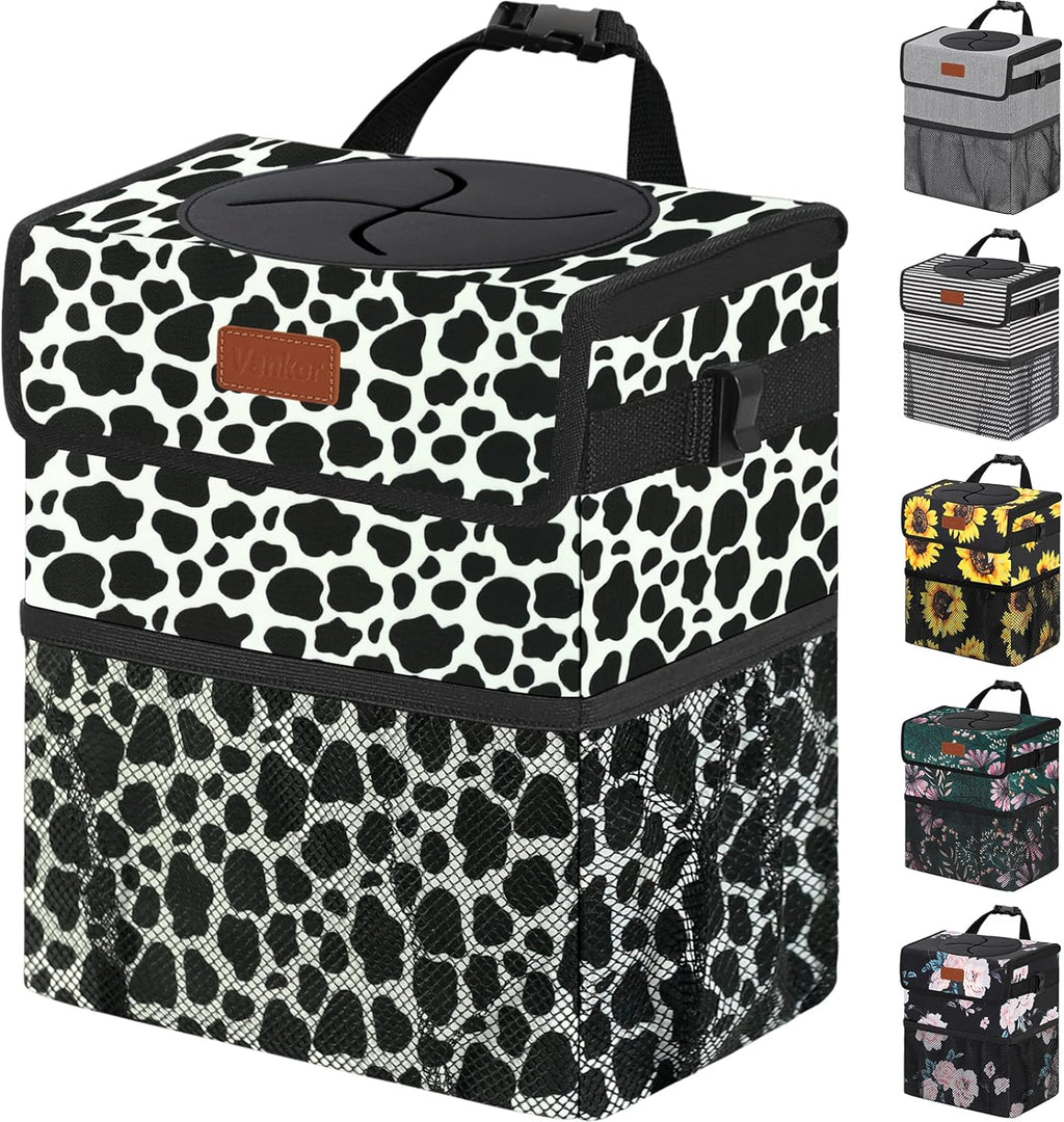 Vankor Car Trash Can for Car Cute Bag Bin Hanging Waterproof Automotive Car Garbage Cans Leak Proof Vehicle Trash Can Cow Print