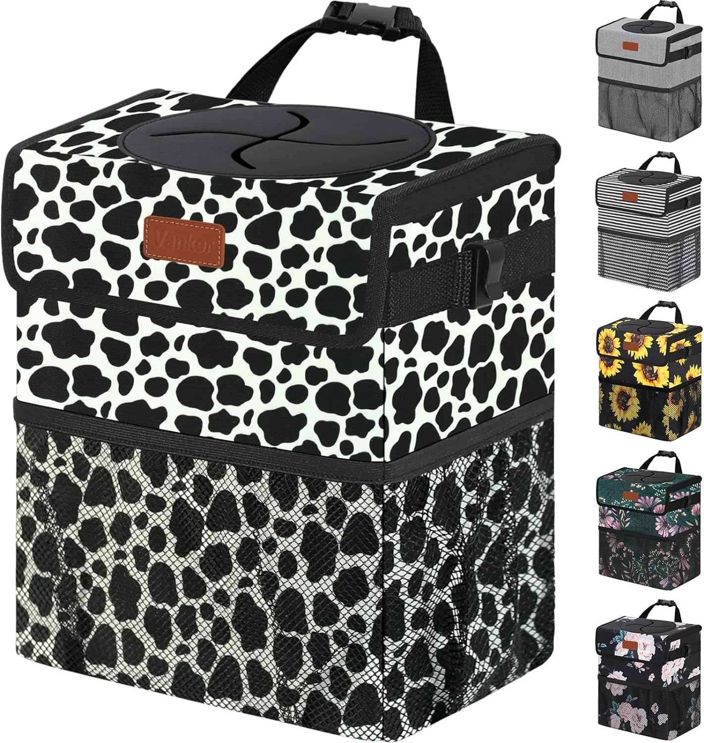 Vankor Car Trash Can for Car Cute Bag Bin Hanging Waterproof Automotive Car Garbage Cans Leak Proof Vehicle Trash Can Cow Print