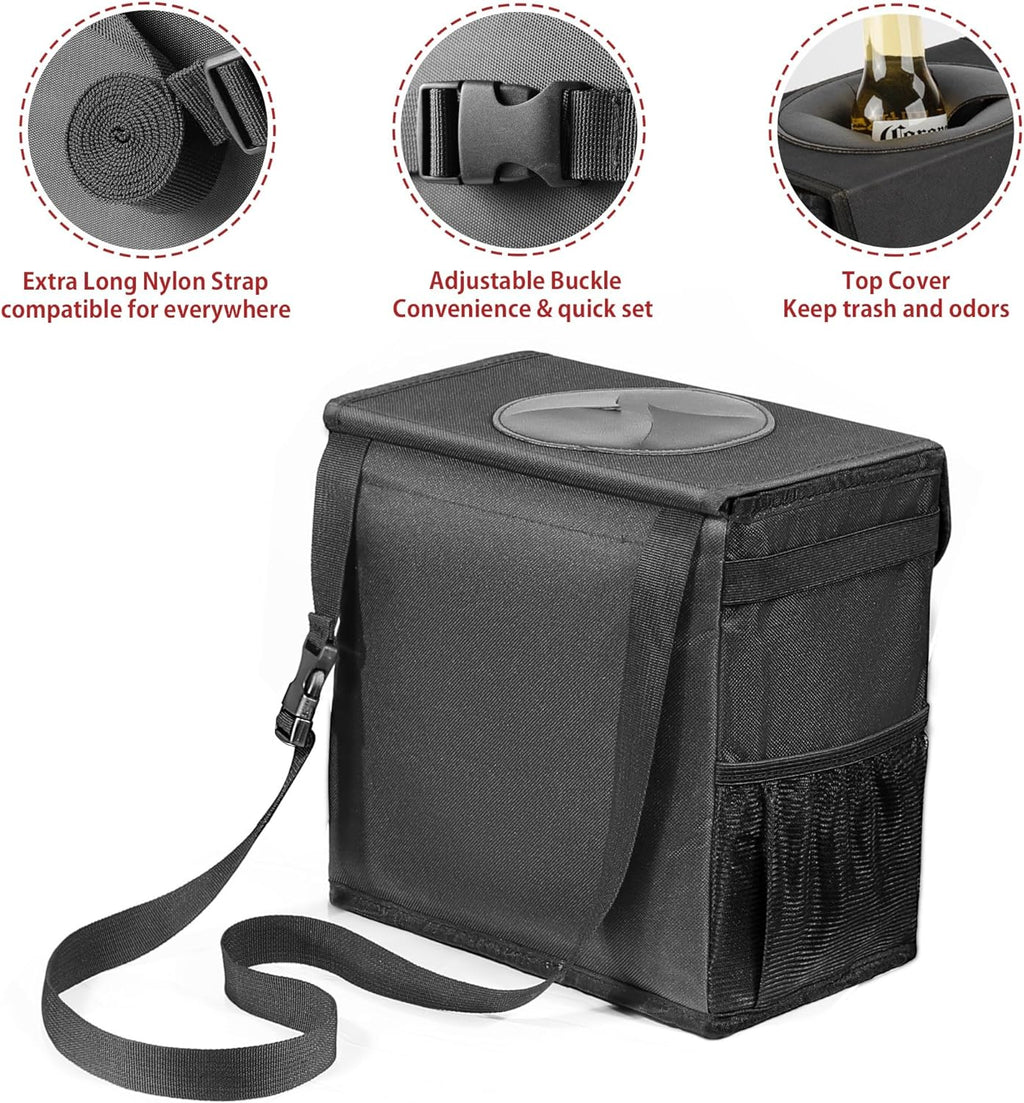 Ryhpez Car Trash Can with Lid - Car Trash Bag Hanging with Storage Pockets Collapsible and Portable Car Garbage Can with Metal Rack Support
