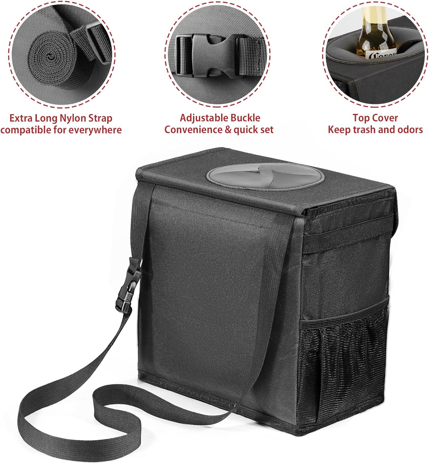 Ryhpez Car Trash Can with Lid - Car Trash Bag Hanging with Storage Pockets Collapsible and Portable Car Garbage Can with Metal Rack Support
