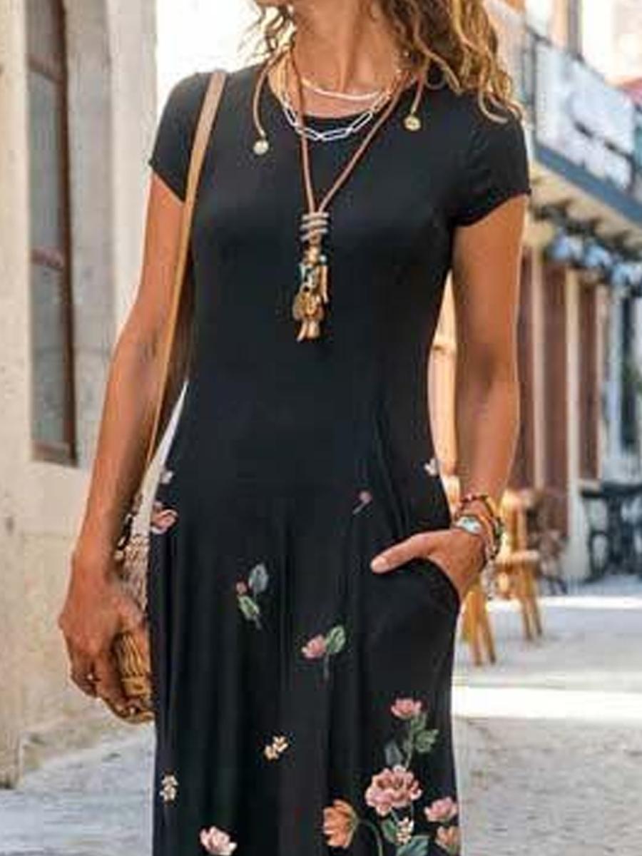 Ladies Round Neck Floral Print Fashion Dress