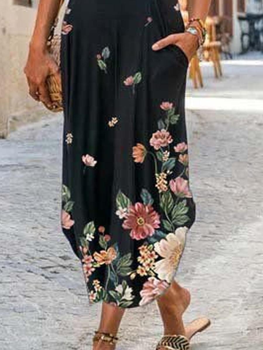Ladies Round Neck Floral Print Fashion Dress