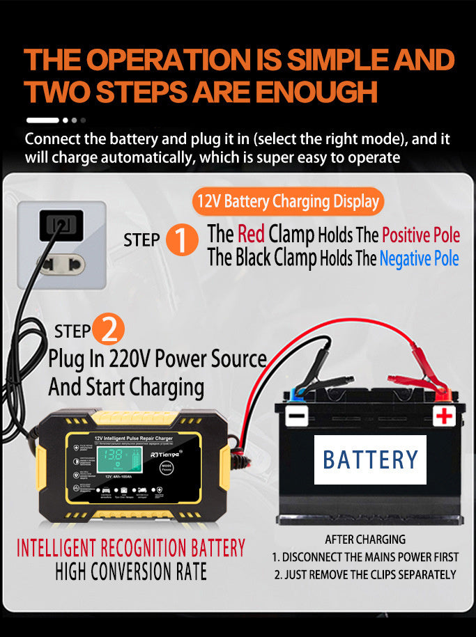 Car Battery Charger 12V 6A Pulse Repair LCD Display Smart Fast CharAGM Deep Cycle GEL Lead-Acid Charger For Auto Motorcycle