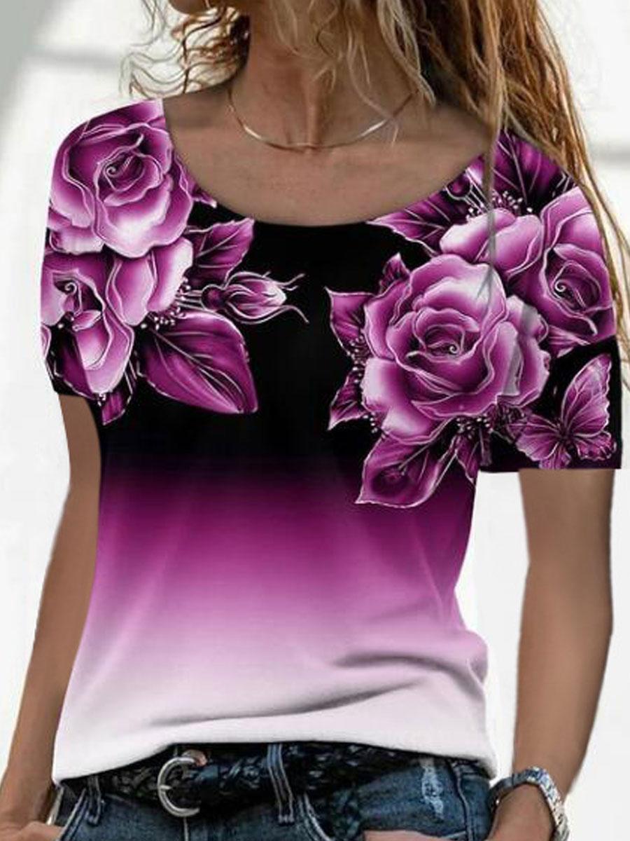 Round Neck Casual Loose Floral Print Short Sleeve T-shirt