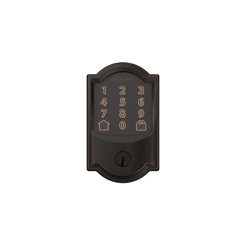 Camelot Aged Bronze Encode Smart Wi-Fi Deadbolt with Alarm and Camelot Handle Set with Accent Lever with Camelot Trim