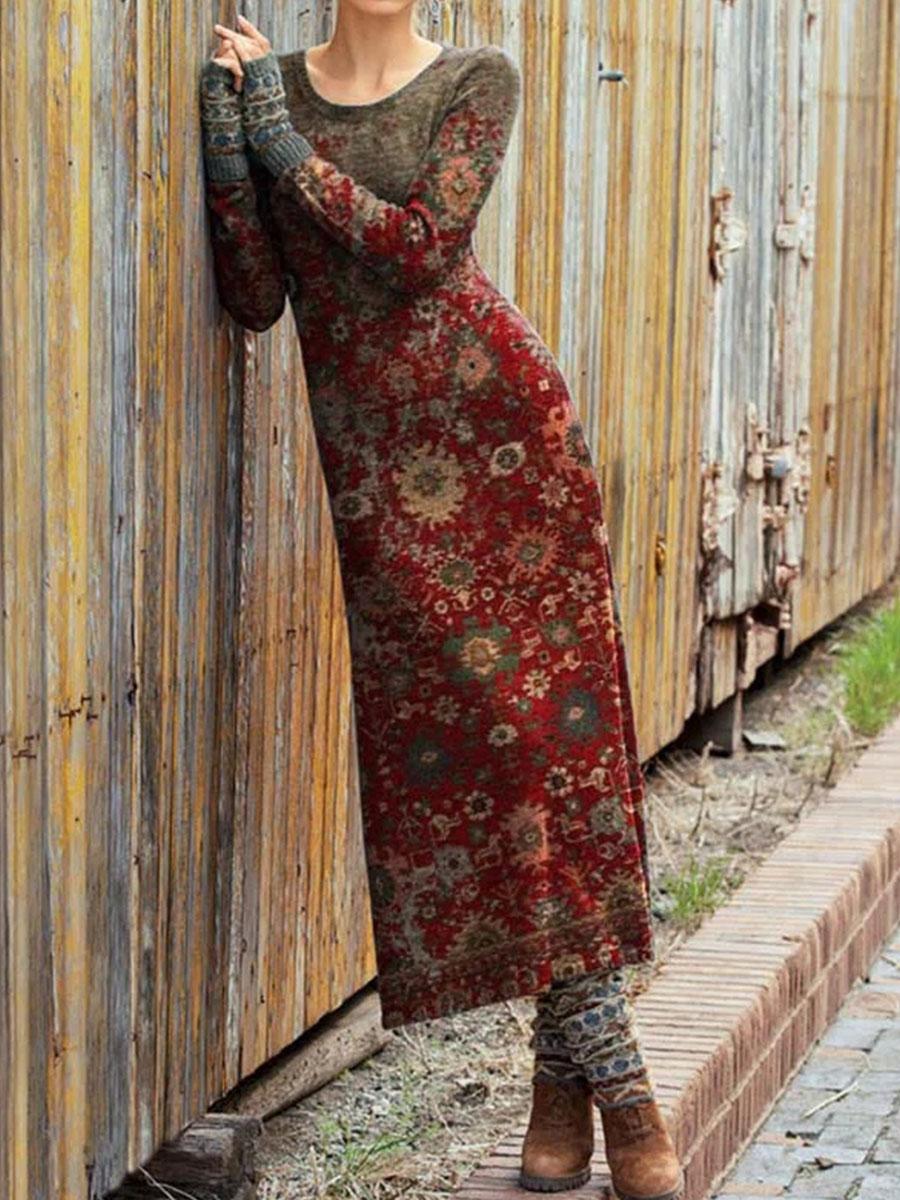 Fashion Retro Print Round Neck Long Sleeve Casual Maxi Dress