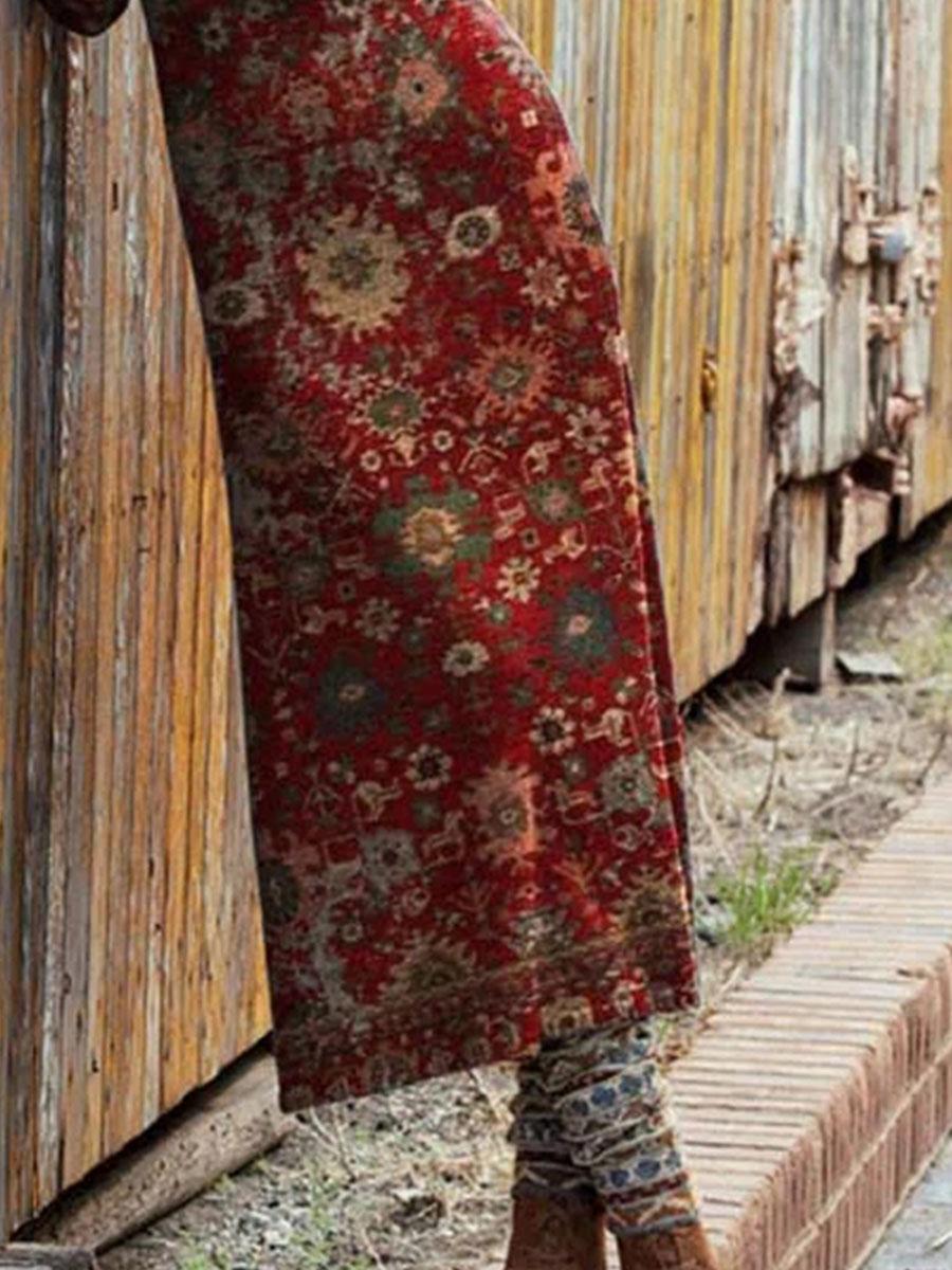 Fashion Retro Print Round Neck Long Sleeve Casual Maxi Dress