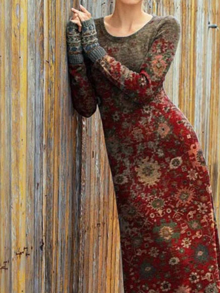 Fashion Retro Print Round Neck Long Sleeve Casual Maxi Dress