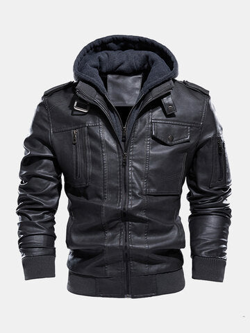 mens washed pu leather zip up pocket detachable hooded elastic hem thick jackets