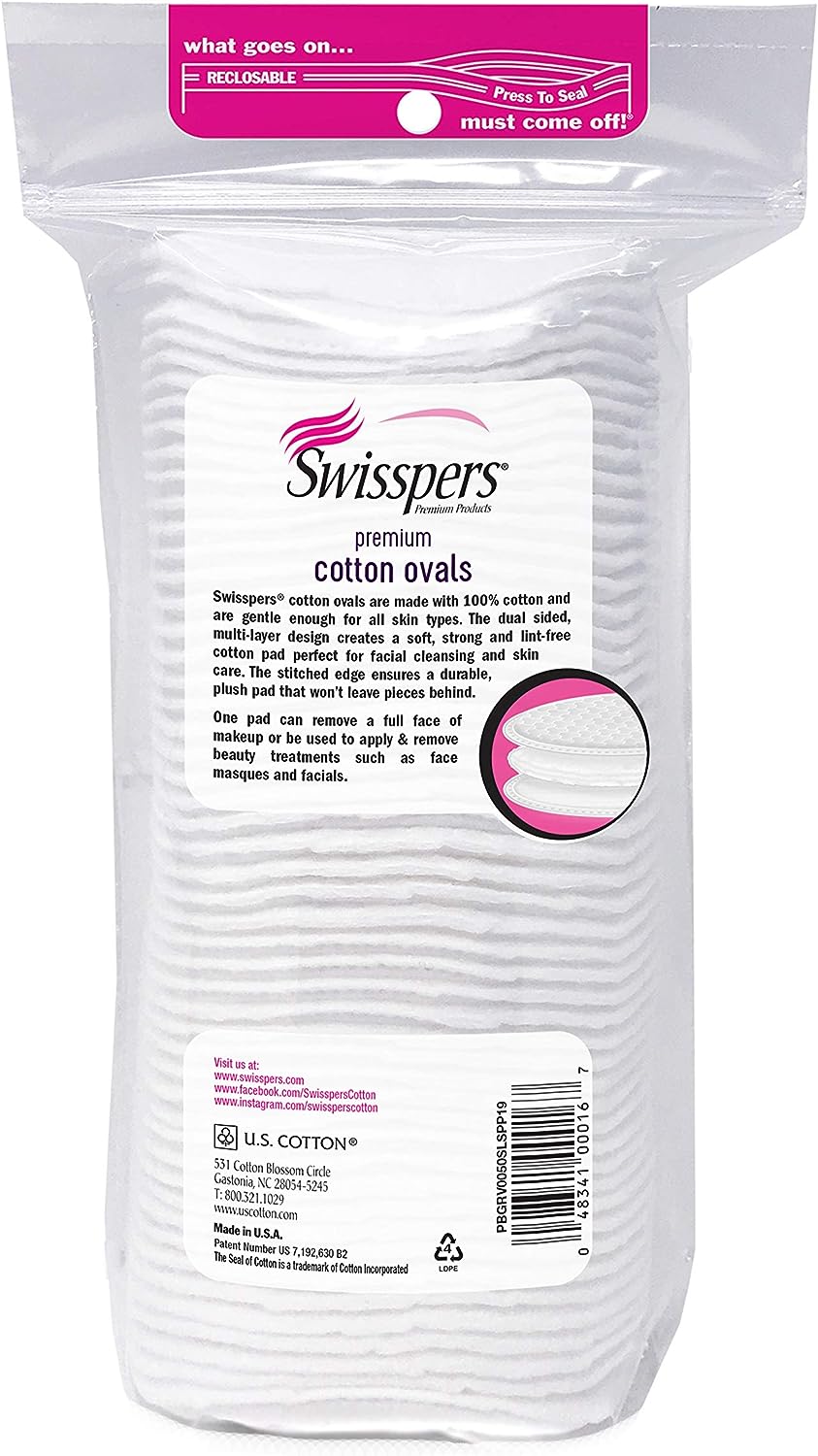 Swisspers Premium 100 Percent Cotton Ovals, Reclosable Bags, 50 Count Bags, 2 Pack (100 Count Total)