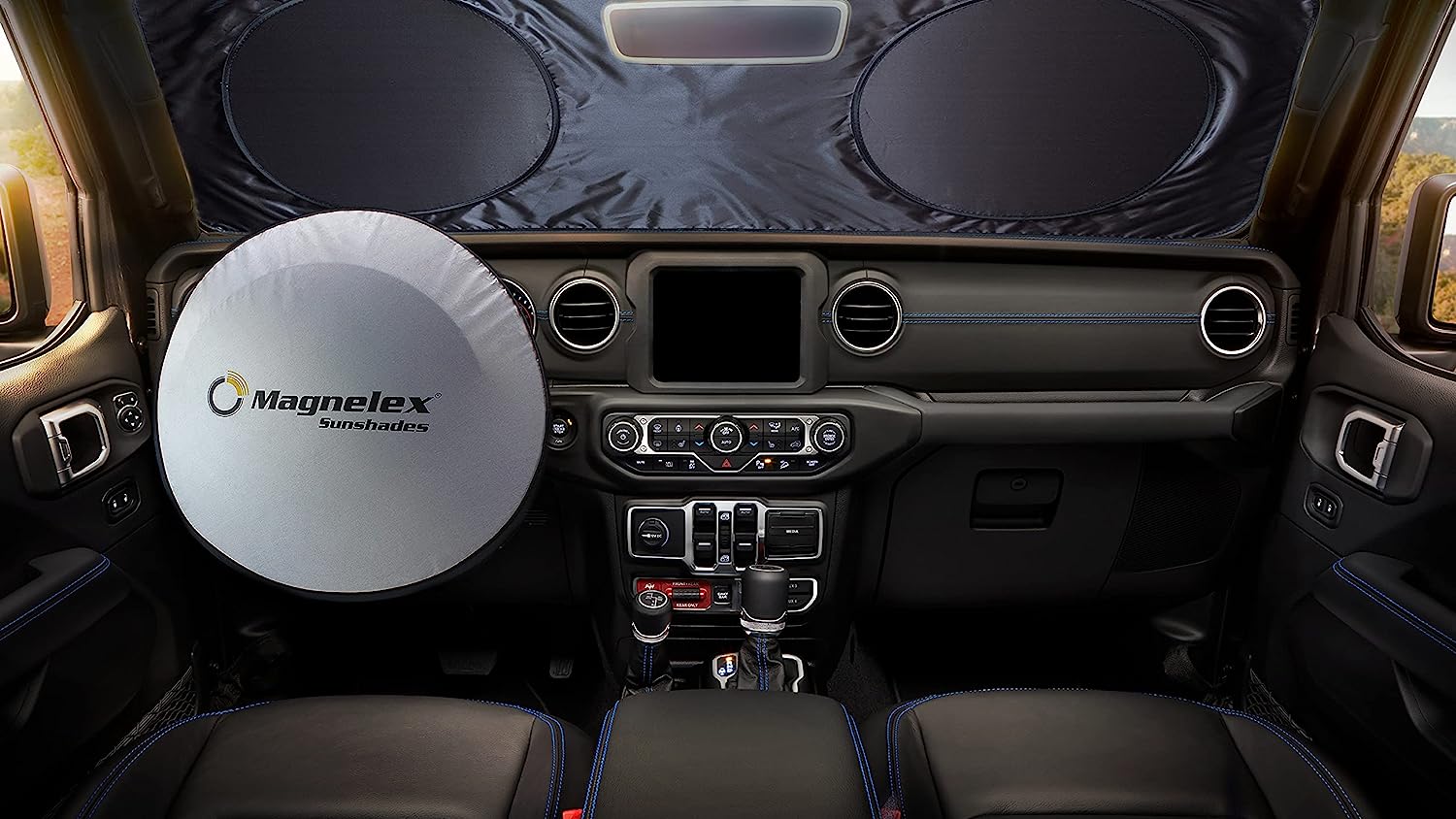 Magnelex Windshield Sun Shade for Jeep Wrangler, Rubicon, Gladiator with Bonus Steering Wheel Sun Shade. 240T Reflective Fabric Blocks Sun. Foldable Sun Shield Keeps Your Vehicle Cool
