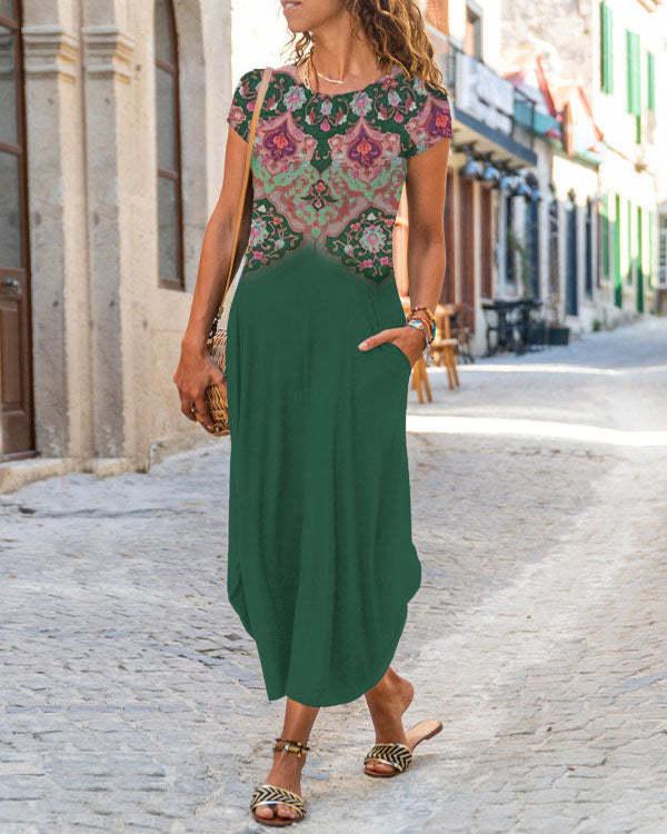 round neck floral print short-sleeve maxi dress