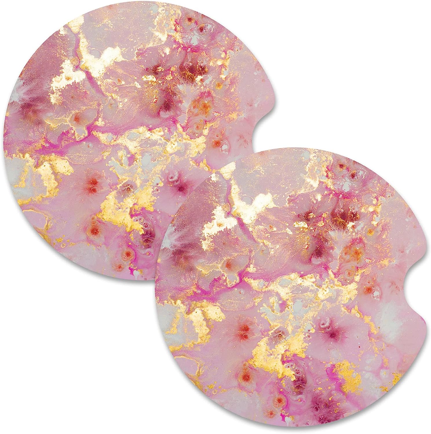 Nipichsha Car Cup Holder Coasters, 2 Pack Anti Slip Insert Coasters, Rubber Car Cup Mat with A Finger Notch, Cute Car Interior Accessories for Women Men(Gold Pink Marble)