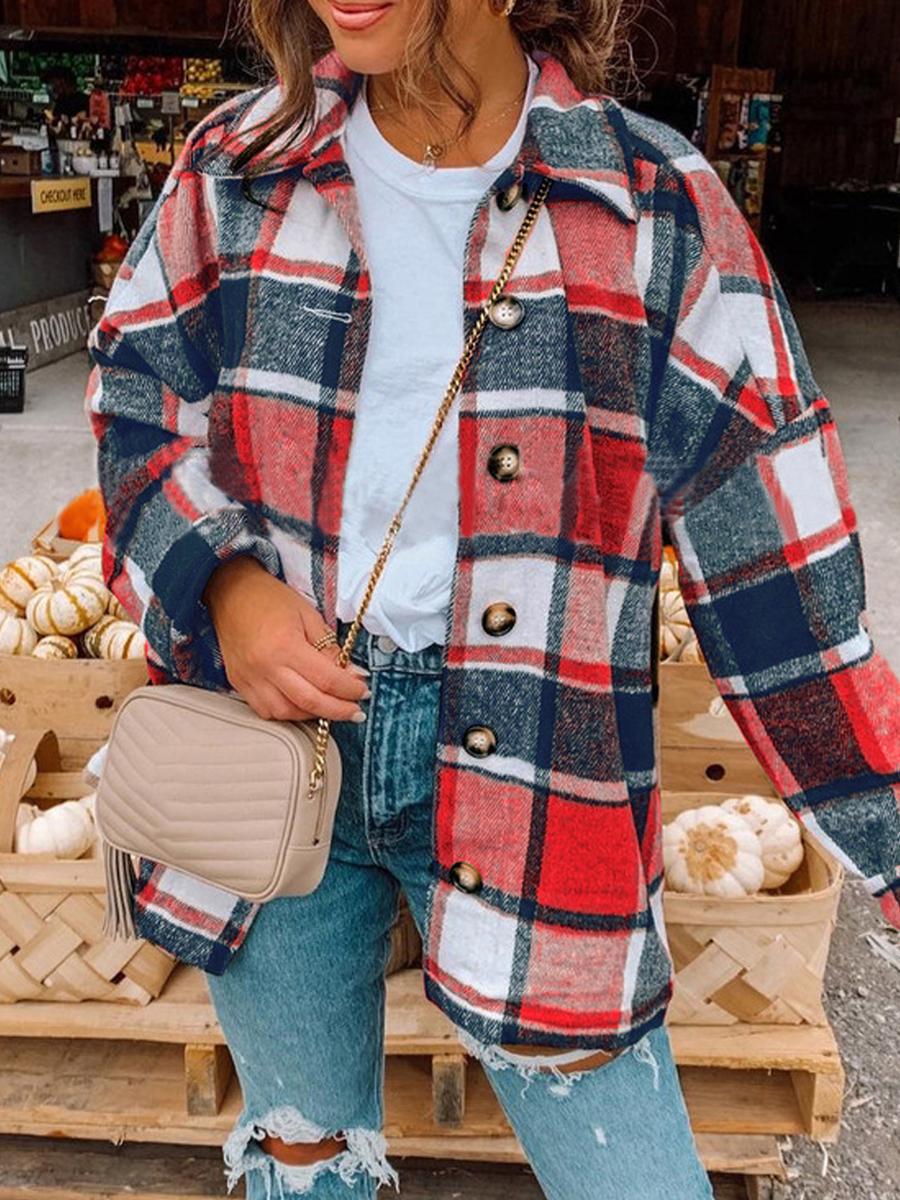 Long Sleeve Lapel Loose Plaid Shirt Jacket