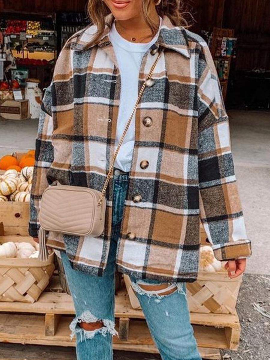 Long Sleeve Lapel Loose Plaid Shirt Jacket