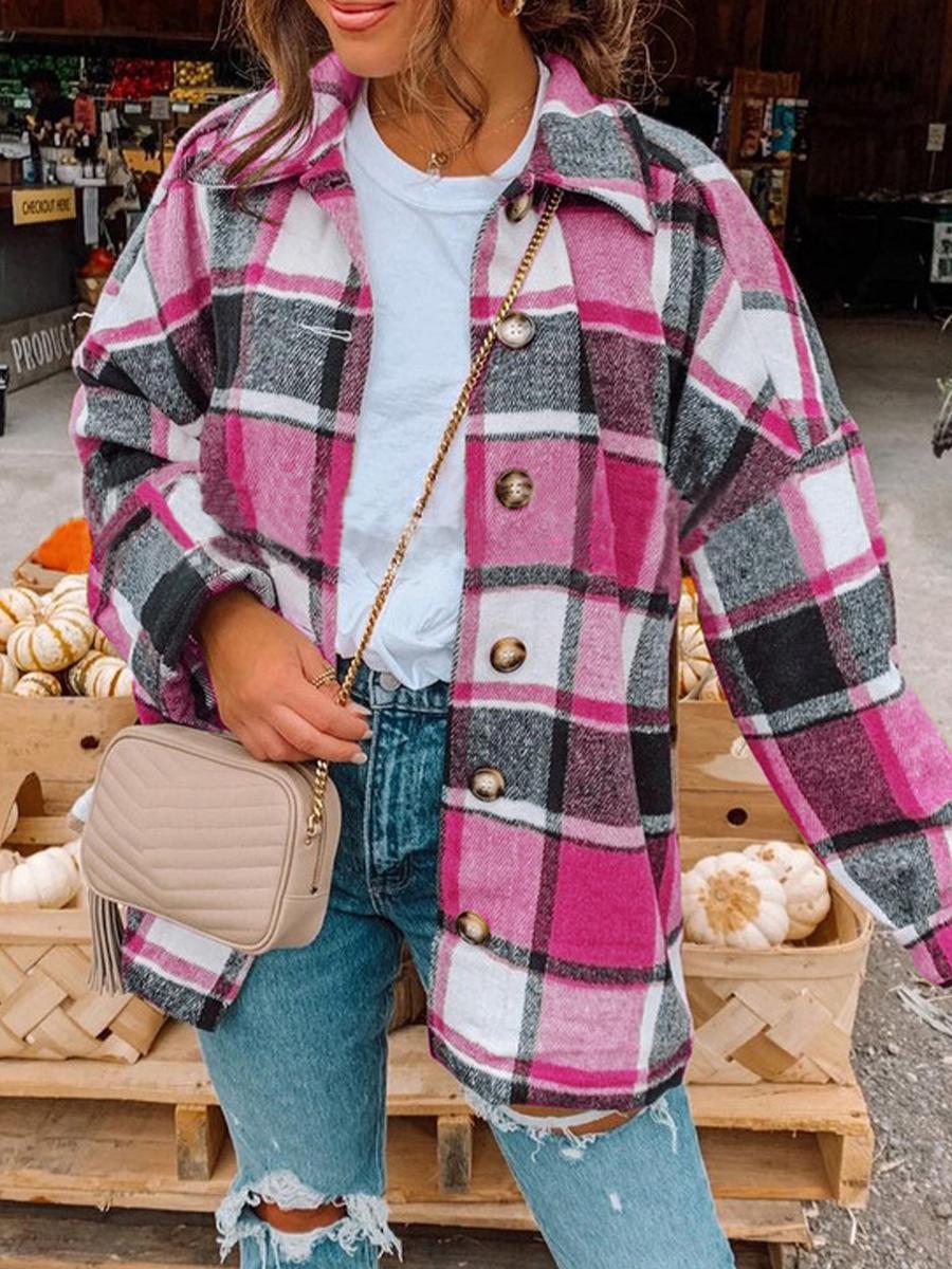 Long Sleeve Lapel Loose Plaid Shirt Jacket