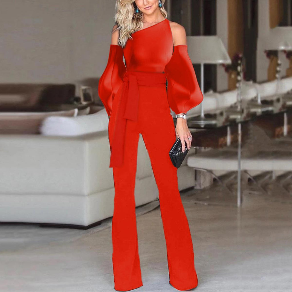 Solid Color Off-The-Shoulder Puff Sleeves Jumpsuit