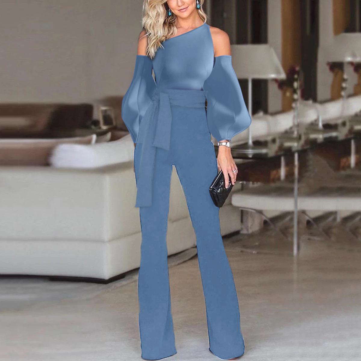 Solid Color Off-The-Shoulder Puff Sleeves Jumpsuit