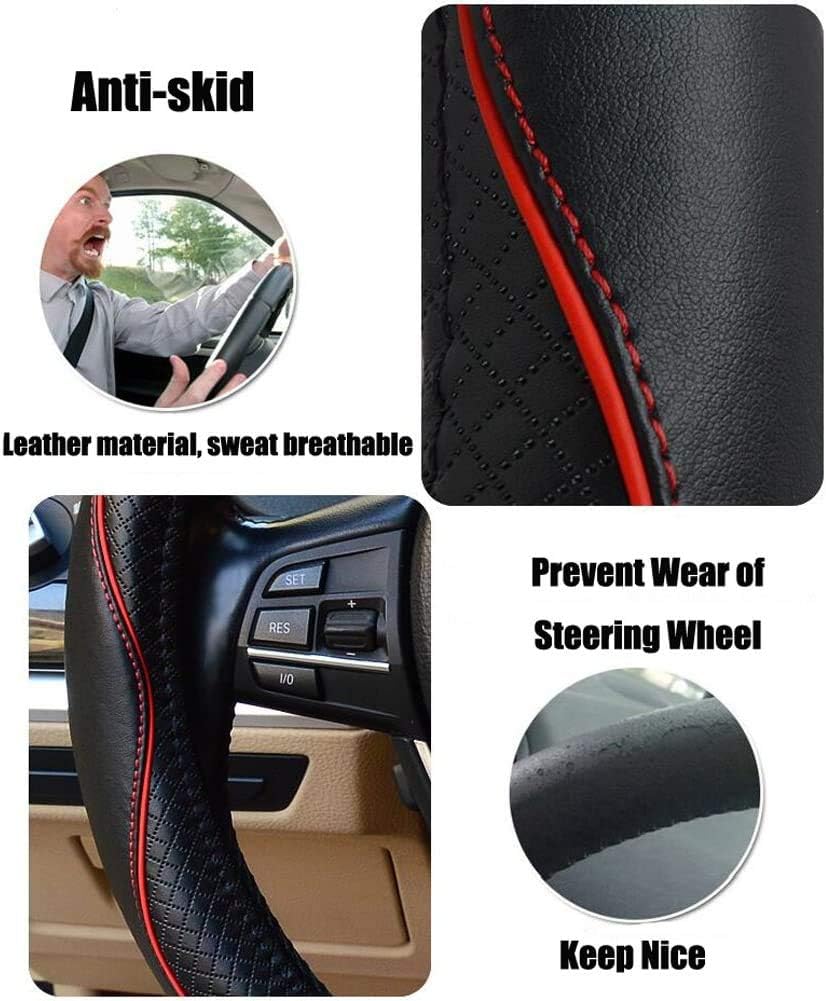 Valleycomfy Steering Wheel Covers Universal 15 inch - Genuine Leather, Breathable, Anti Slip &amp; Odor (Black with Red Lines, M(14" 1/2-15" 1/4))