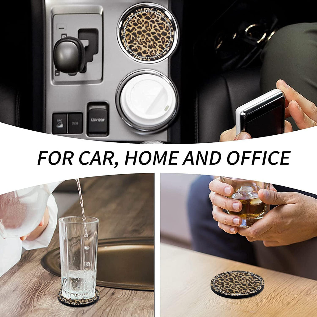 2.75" Car Cup Holder Coaster Car Coasters Leopard Print Bling Accessories Rhinestone Anti Slip Insert Coaster Suitable for Most Cars Gifts - 2PCS