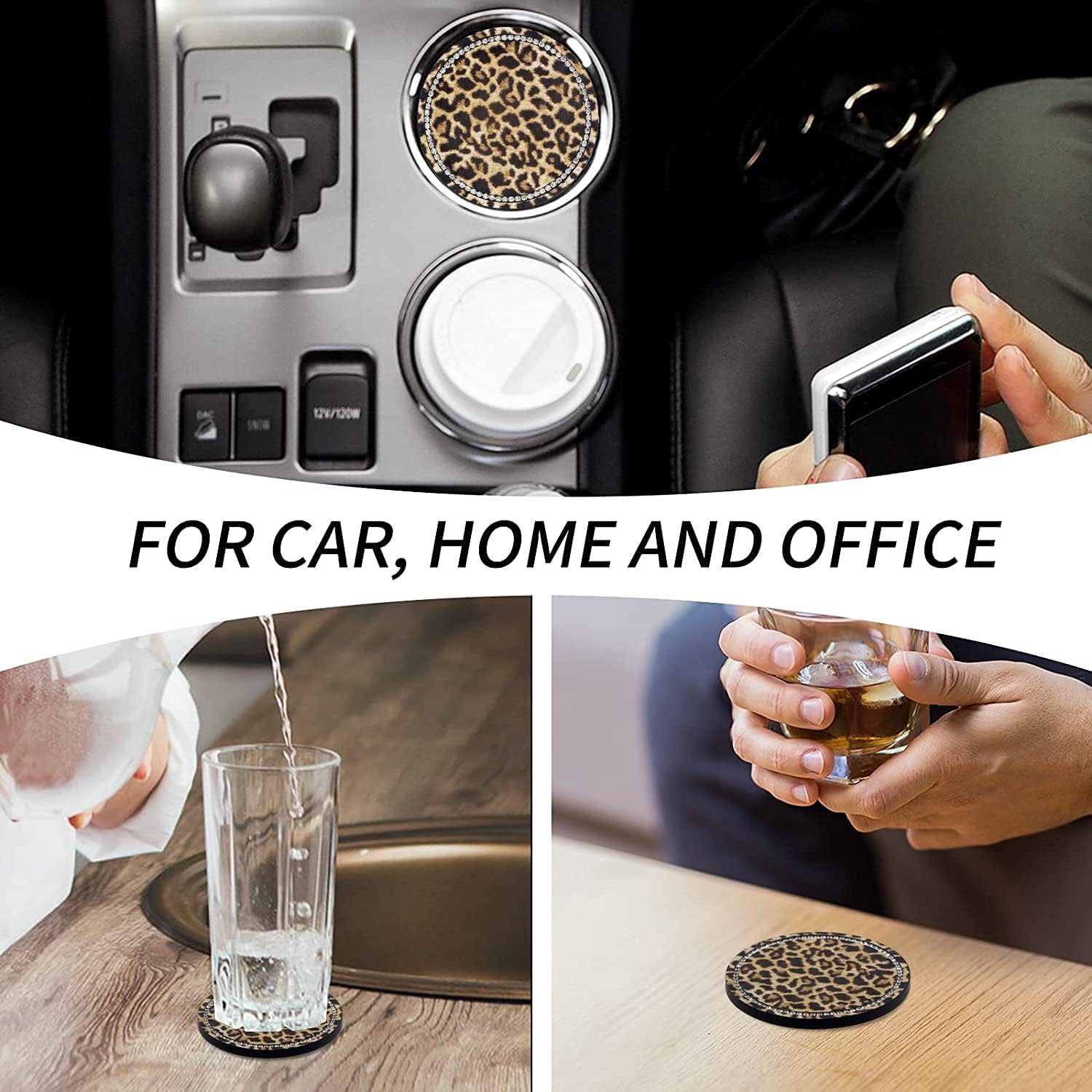 2.75" Car Cup Holder Coaster Car Coasters Leopard Print Bling Accessories Rhinestone Anti Slip Insert Coaster Suitable for Most Cars Gifts - 2PCS