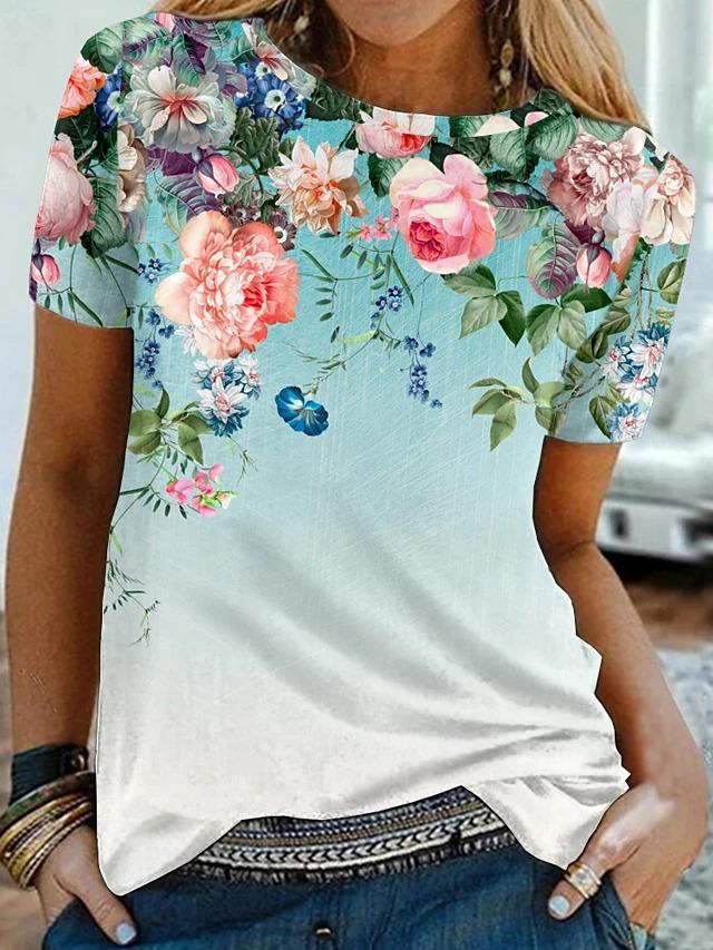 Casual Flower Print Crew Neck T-shirt