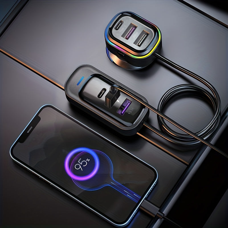 81W Fast Car CharThe Front And Rear Of The 6-port Expansion Car Are Charged Simultaneously 1 Type-C 2 USB 59.06inch Extension Cable Anti-slip Clamp