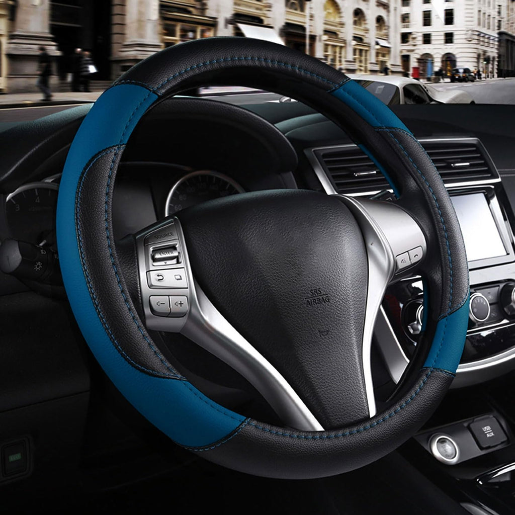 Leather Car Steering Wheel Cover, Non-Slip Car Wheel Cover Protector Breathable Microfiber Leather Universal Fit for Most Cars (Blue-2)