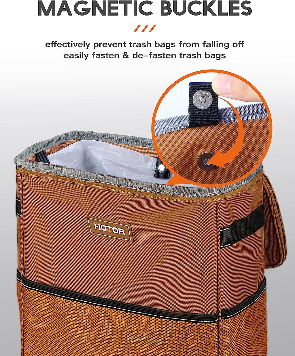 HOTOR Car Trash Can, 3-Gallon Ultra-Large Car Garbage Can, 100% Leakproof &amp; Waterproof Trash Can for Car, Multipurpose Car Trash Bin with Adjustable Straps, Magnetic Buckles, Mesh Pockets (Brown)