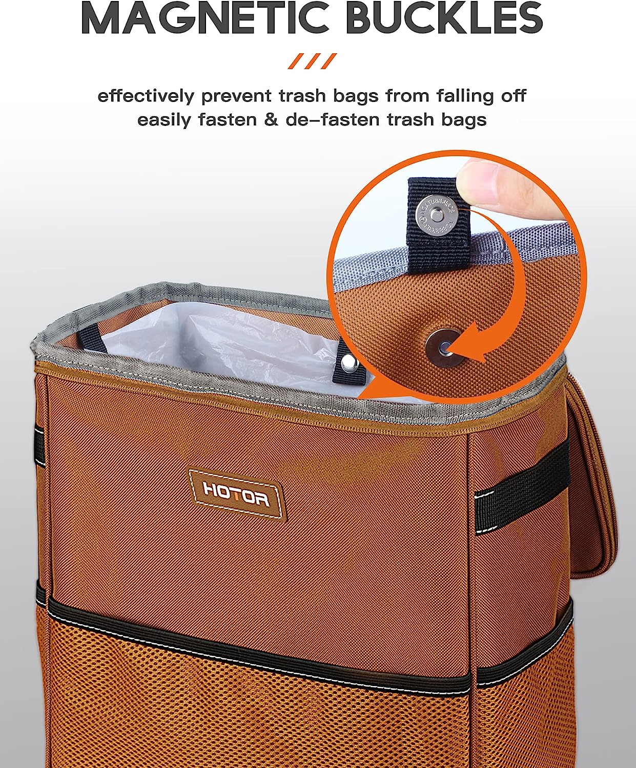 HOTOR Car Trash Can, 3-Gallon Ultra-Large Car Garbage Can, 100% Leakproof &amp; Waterproof Trash Can for Car, Multipurpose Car Trash Bin with Adjustable Straps, Magnetic Buckles, Mesh Pockets (Brown)
